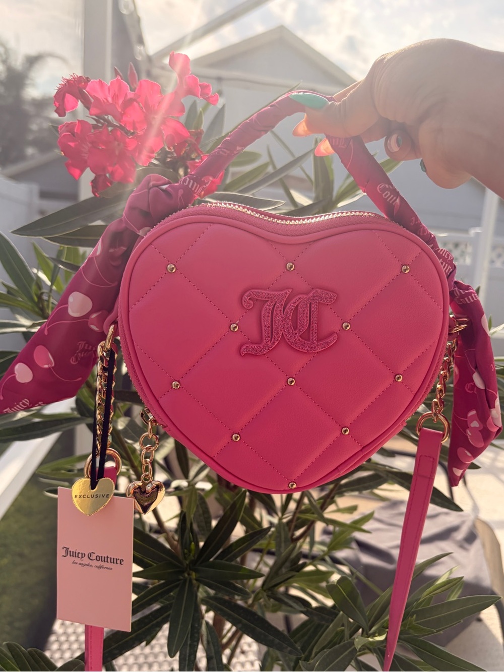 NWT! Juicy Couture Fuchsia Heart Quilted Rhinestone Mini Bag with Scarf